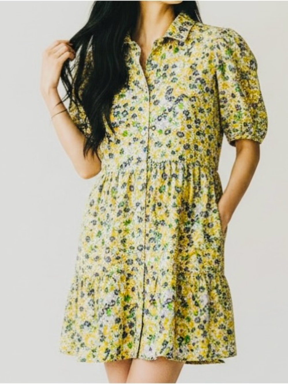 Derek Heart Yellow Floral Button-Front Puff Sleeve Mini Dress Size Small